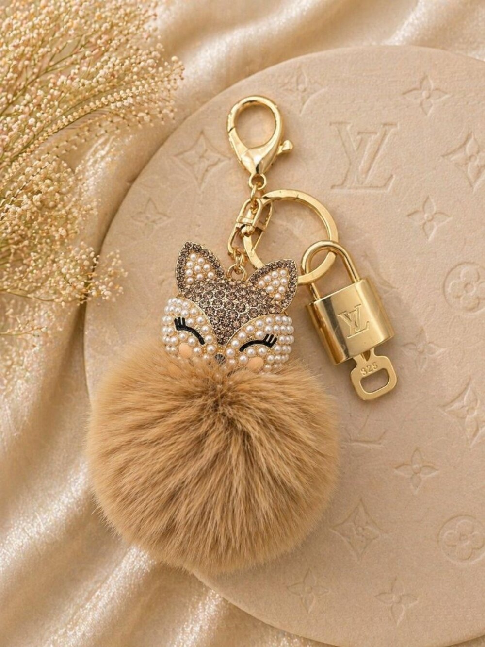 Authentic Louis Vuitton Gold Padlock🔒Key Set w/unbranded Fox Pom-pom Bag Charm